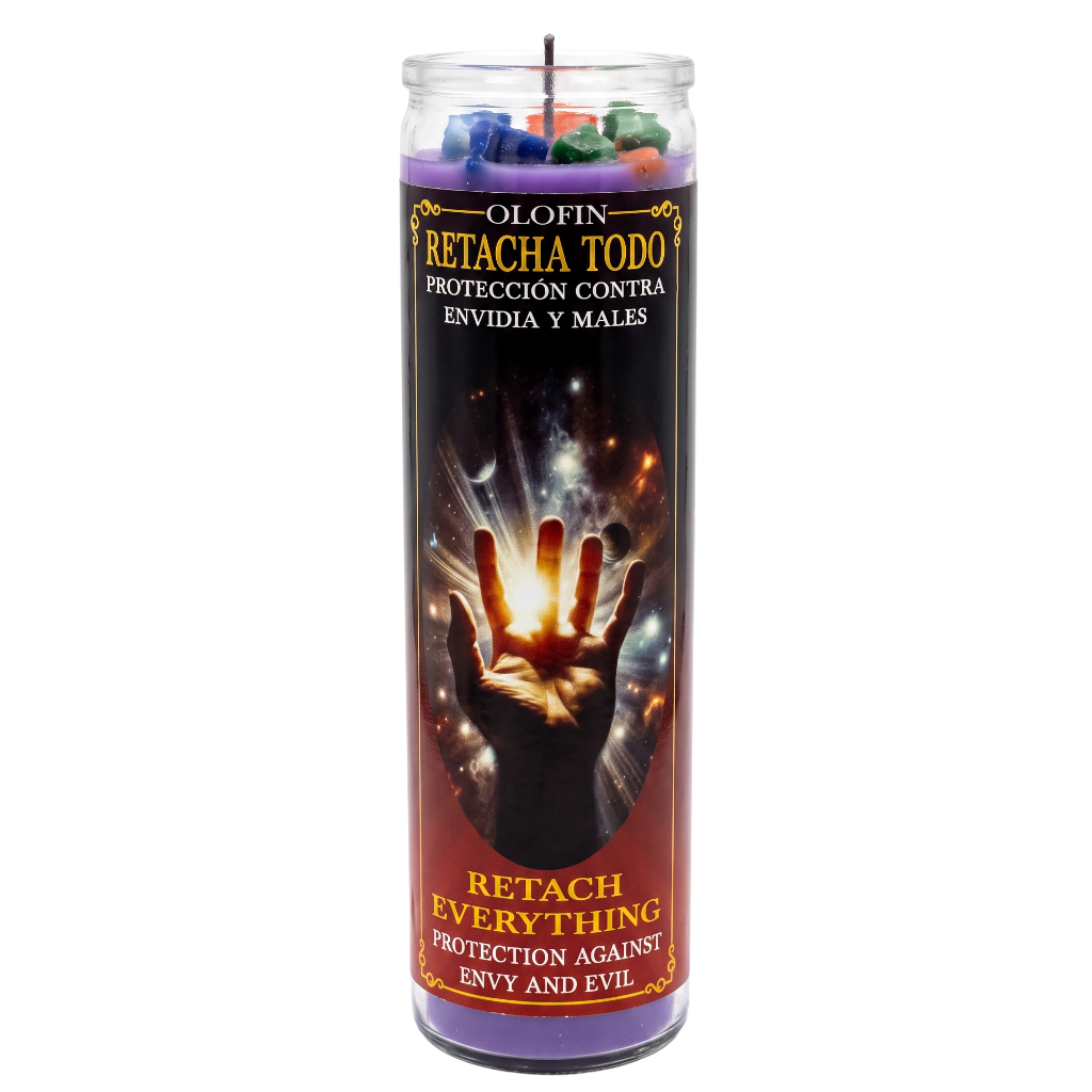 A tall glass prayer candle with a clear top and multicolored wax visible at the rim, featuring a black label with Spanish and English text reading 'Olofin Retacha Todo' and 'Retach Everything Protection Against Envy and Evil.' The label shows a glowing hand over a cosmic background.