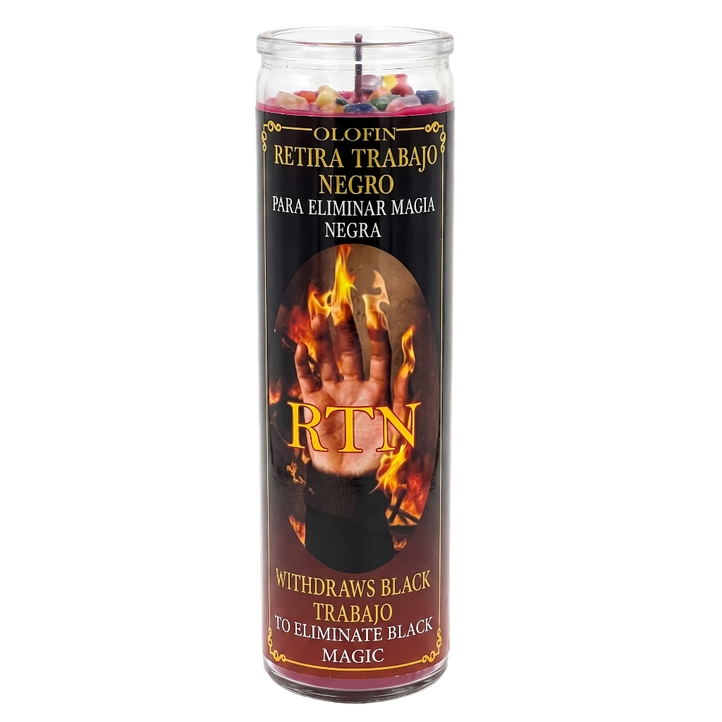A tall glass jar candle with a black label featuring a hand in front of flames and the text 'RTN' and 'Withdraws Black / Retira Trabajo Negro Para Eliminar Magia Negra'.