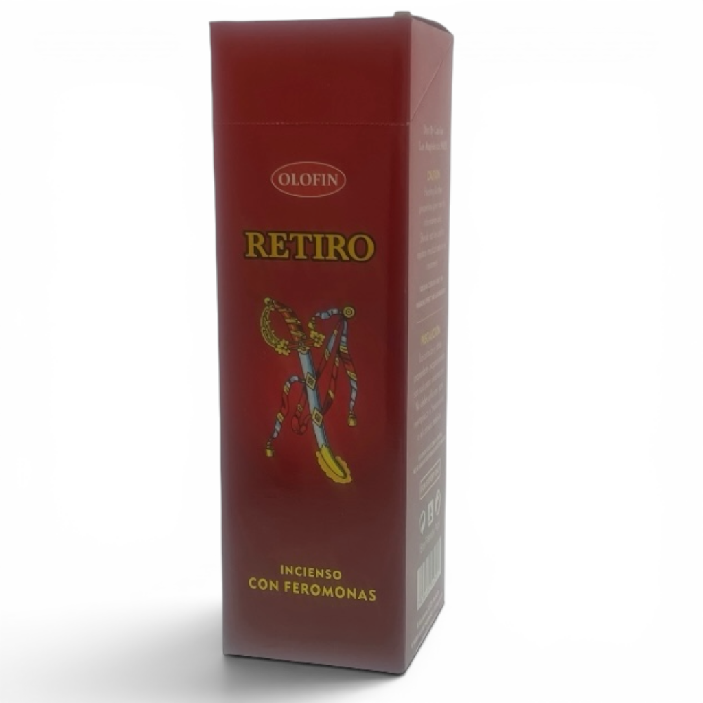 A tall, dark red rectangular box of Olofin Retiro incense with feromonas, featuring gold lettering and a decorative graphic of a figure with a staff, set against a plain white background.