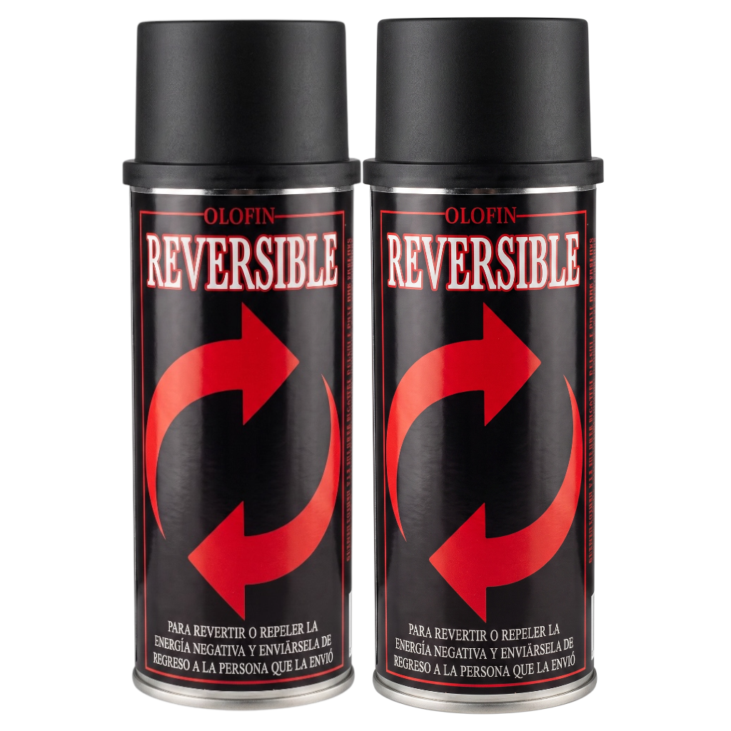 Two black Olofin Reversible spray cans with red circular arrows and white text, shown side by side on a white background.