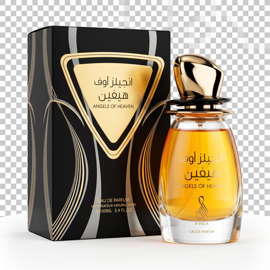 Perfume bottle and packaging of 'Angels of Heaven' on a transparent background