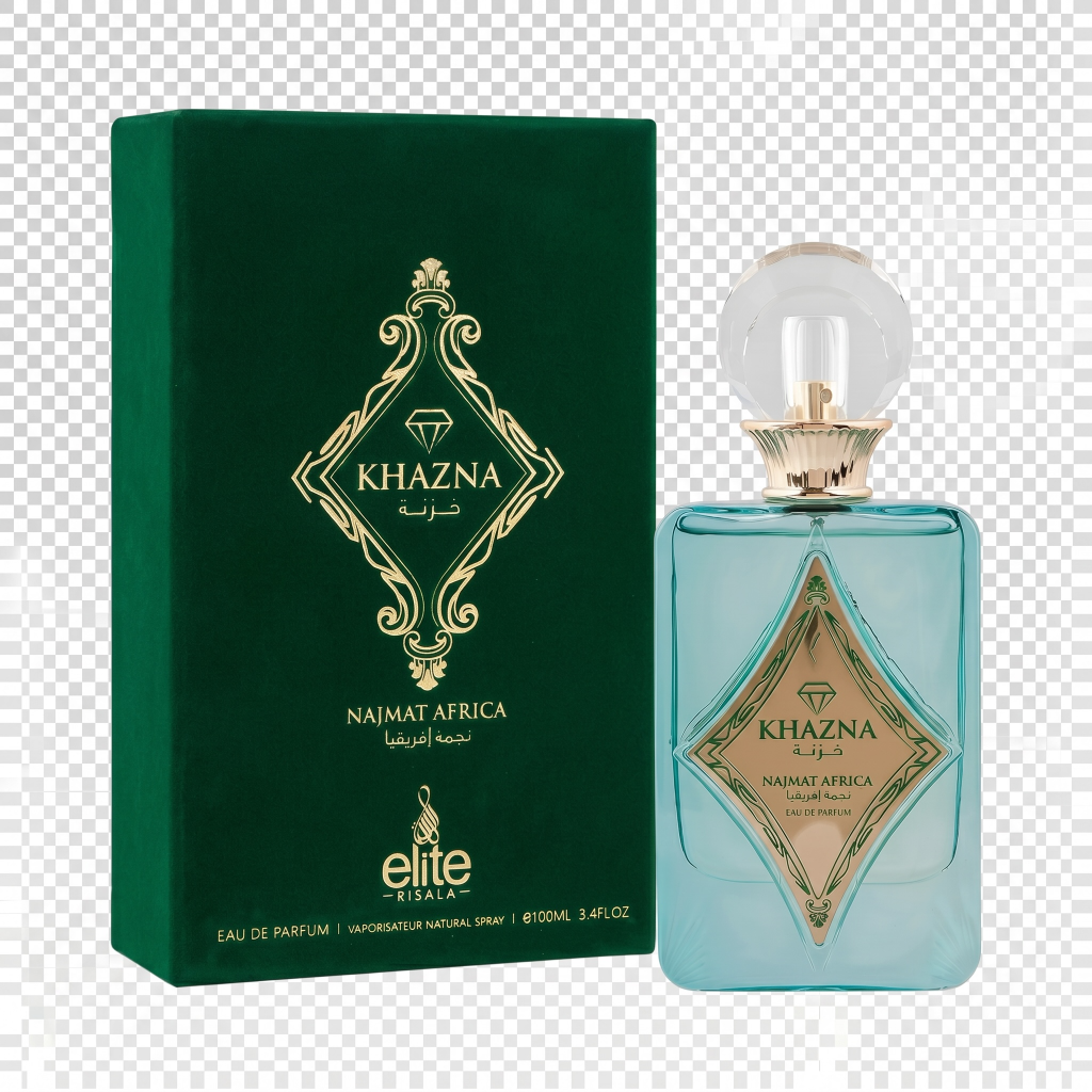 Khazna perfume bottle and packaging on a transparent background