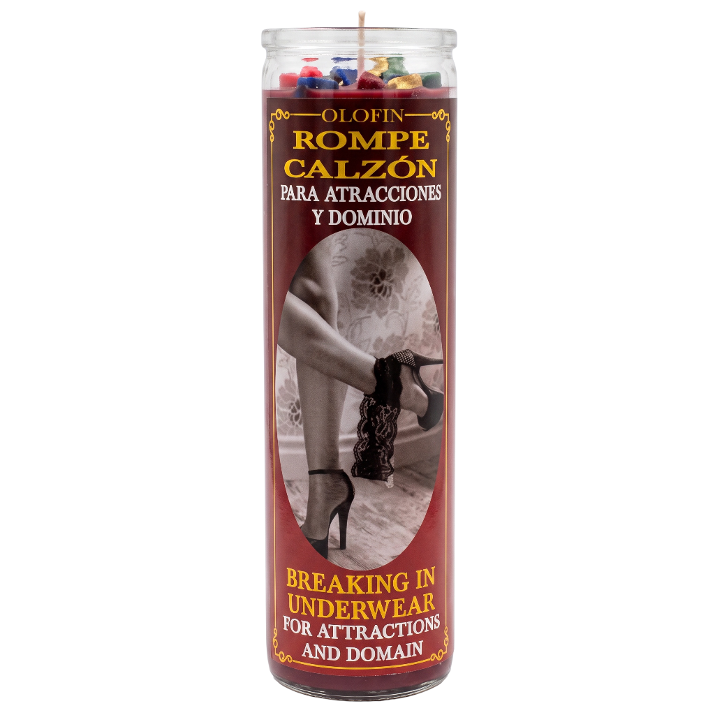 A tall glass jar candle labeled 'Olofin Rompe Calzón' with Spanish and English text, featuring a photo of legs in black high heels on the front label, shown on a plain white background.