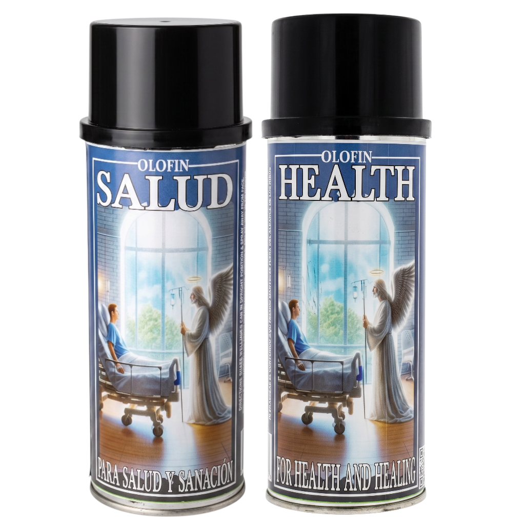 Two Olofin Salud / Olofin Health spray cans with black caps and blue labels featuring an illustration of a patient, angel, and window.