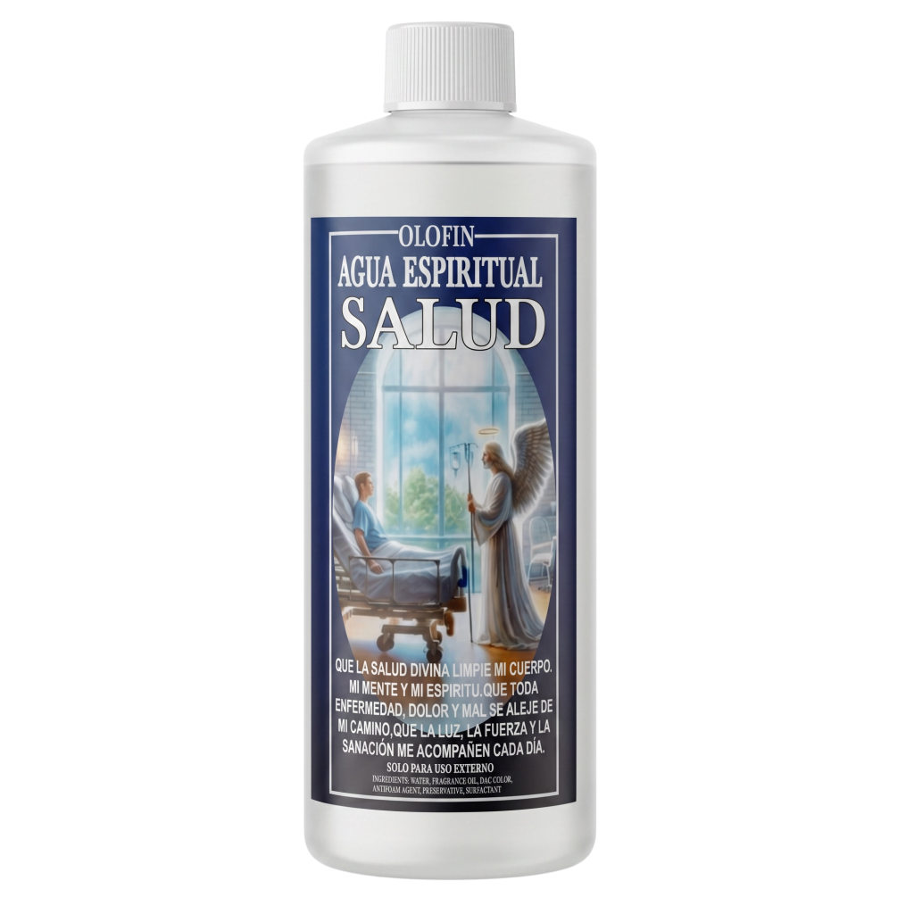 A white plastic bottle of Olofin Agua Espiritual Salud spiritual water with a white cap and a dark blue label featuring an illustration of an angel and a person in a hospital bed.