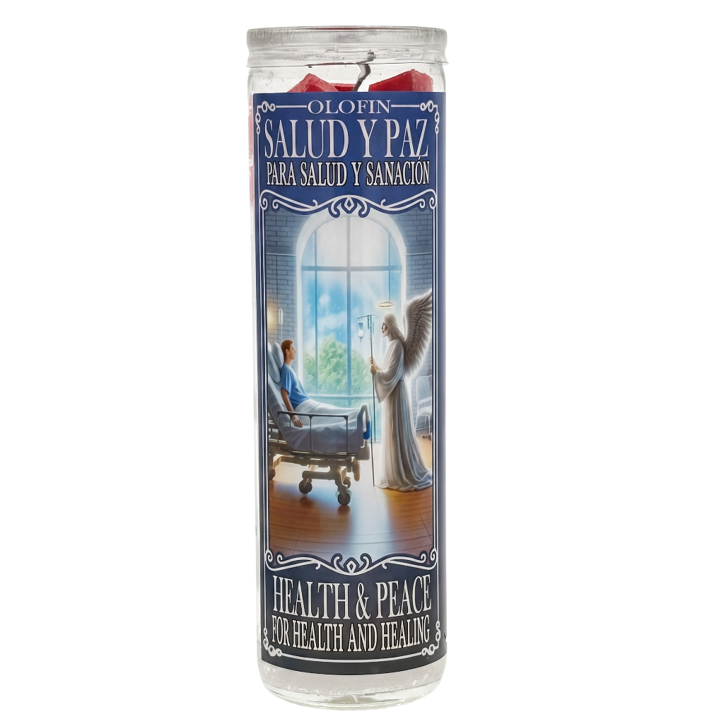 A tall glass prayer candle with a printed devotional label reading 'Olofin Salud y Paz' and 'Health & Peace for Health and Healing.' The label shows an illustrated scene with a hospital bed, a person in a blue gown, and a winged angel in a white robe.