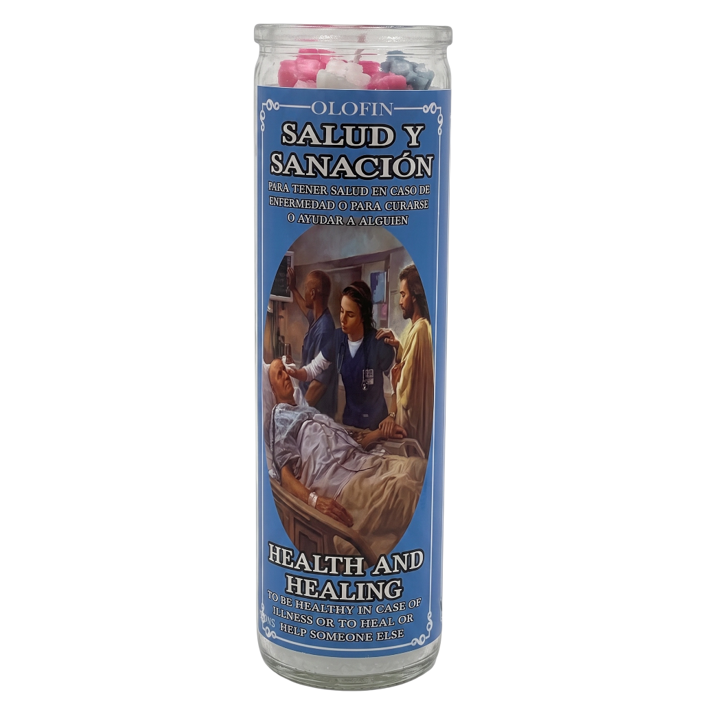 A tall glass jar prayer candle with a blue label reading 'OLIN SALUD Y SANACIÓN HEALTH AND HEALING' and an illustration of a nurse caring for a patient, shown on a white background.