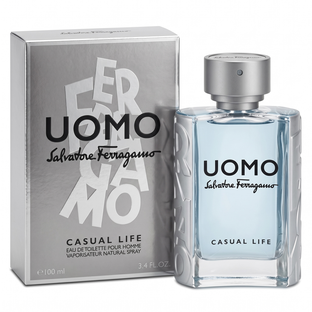 Salvatore Ferragamo Uomo Casual Life perfume bottle and packaging on a white background
