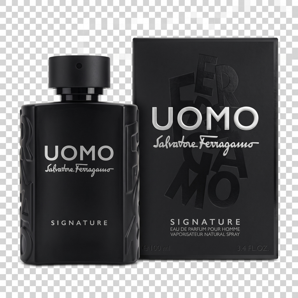 Black Salvatore Ferragamo Uomo perfume bottle and packaging on a transparent background