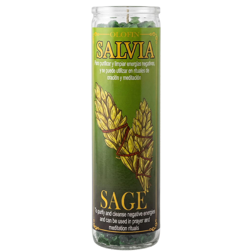 A tall glass prayer candle labeled 'OLAFIN Salvia Sage' with a green label, gold lettering, and illustrations of sage leaves, filled with green crystals at the top and bottom, on a white background.