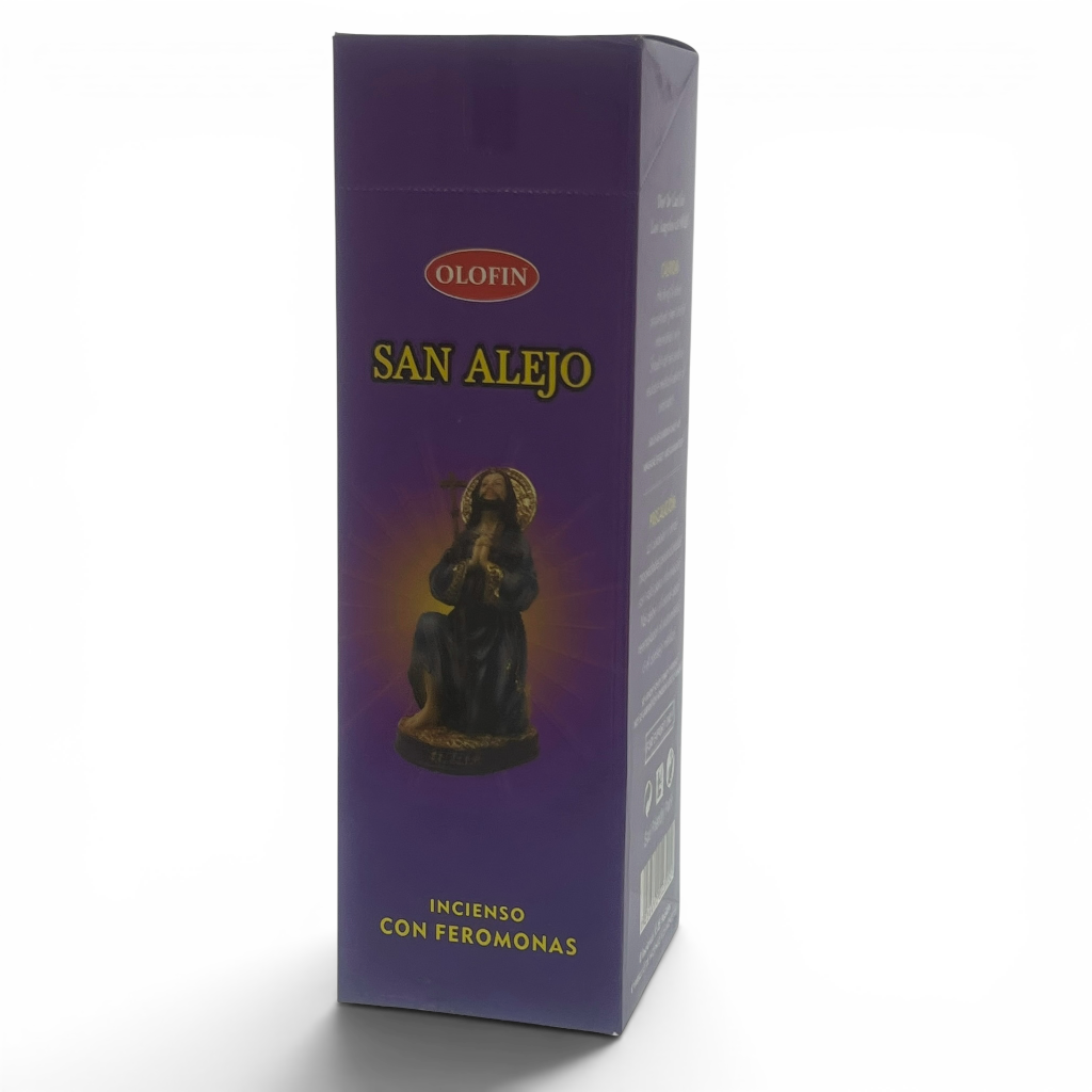 Olofin San Alejo incense box in purple packaging with a depiction of the Virgin Mary, shown on a white background.