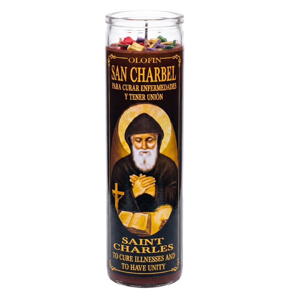 A tall glass jar candle with a black label featuring Saint Charles Babel artwork and text, shown on a plain white background.