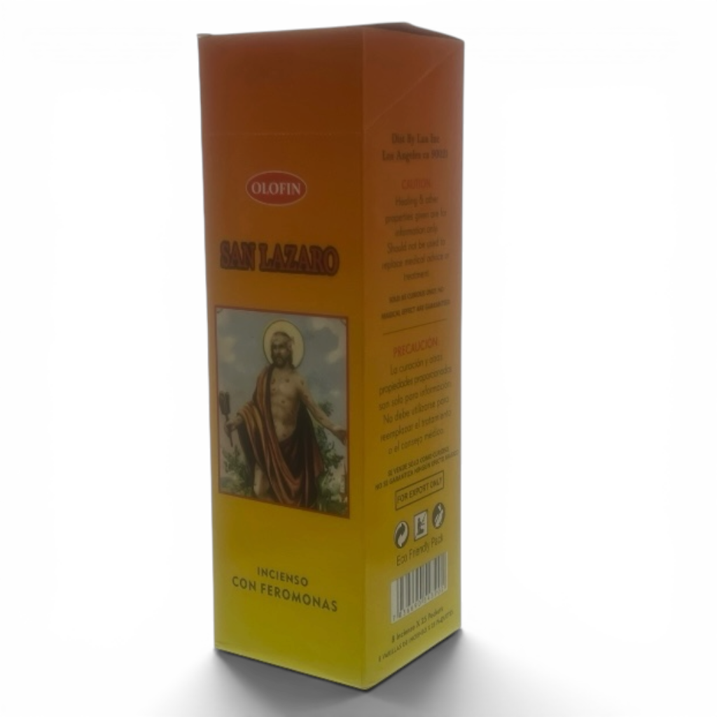 A tall rectangular orange and yellow box of Olofin San Lazaro incense, featuring a religious illustration of Jesus on the front, set against a plain white background.