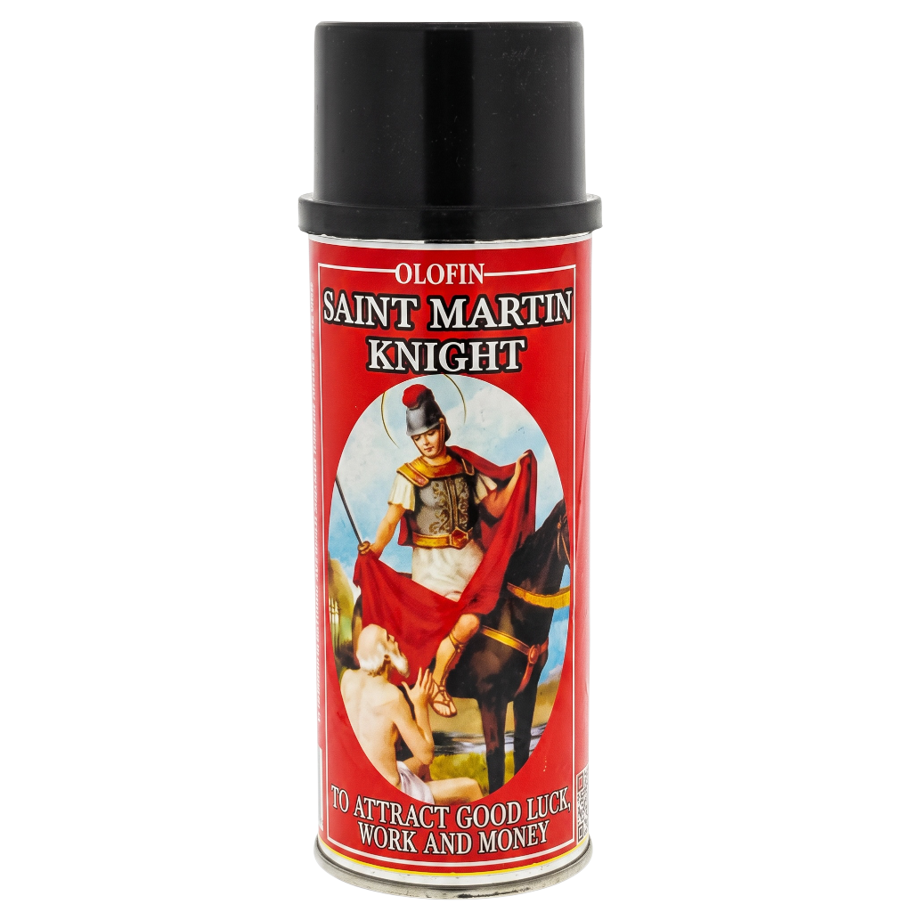 A can of Olofin Saint Martin Knight spray, featuring a red label with an illustration of a knight on a horse and a black cap, on a white background.