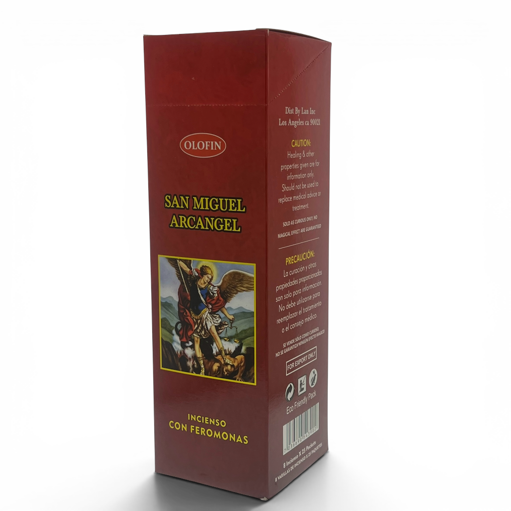 A tall, dark red rectangular box of Olofin San Miguel Arcangel incense, featuring a central illustration of the archangel and Spanish text, set against a plain white background.