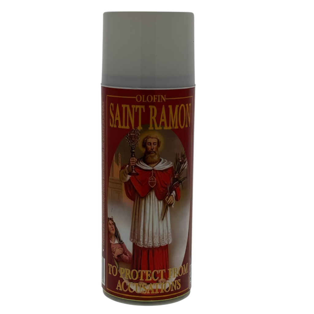 A can of Saint Ramon religious spray with a red label featuring an illustration of Saint Ramon in red and white robes, on a white background.