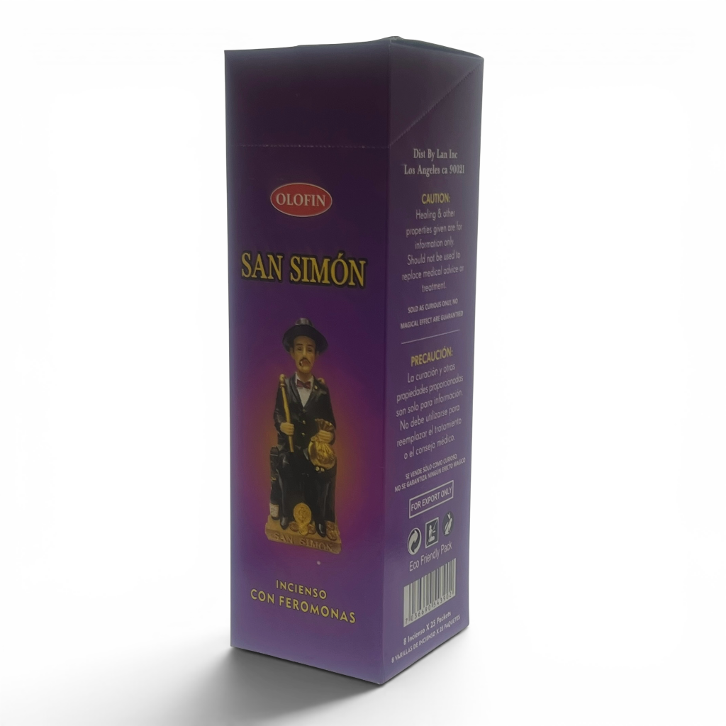A purple rectangular box of Olofin San Simón incense, featuring a gold and white illustration of a saint on the front, set against a plain white background.