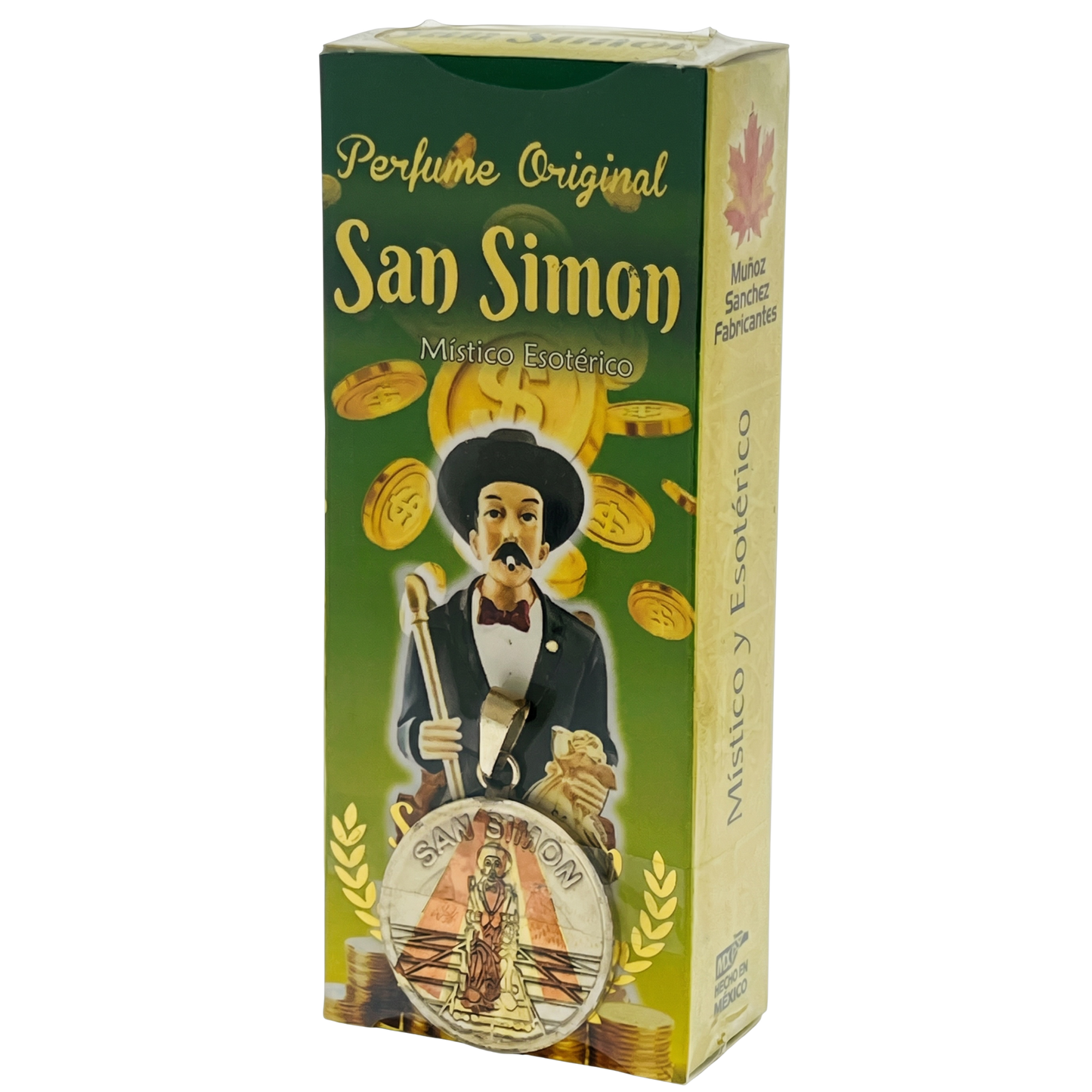 Box of San Simon perfume with a green and yellow design featuring a man and coins.