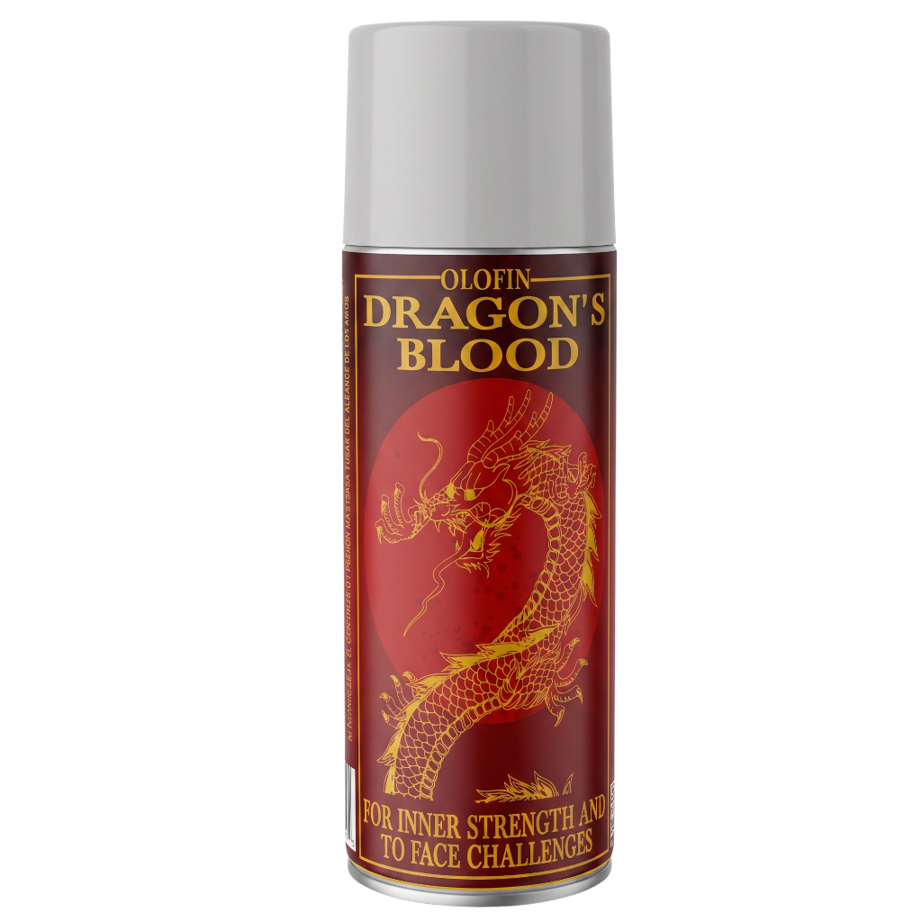A can of Olofin Dragon's Blood spray with a red label featuring a gold dragon illustration, on a plain white background.