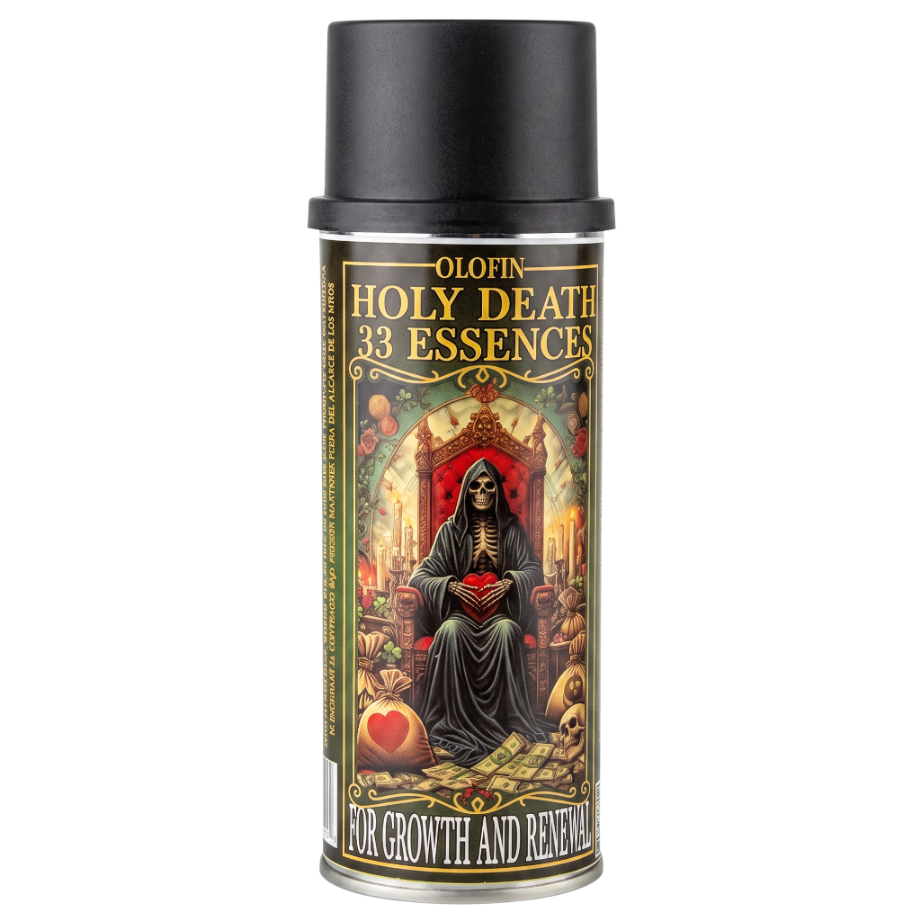 A single spray bottle of Olofin Holy Death 33 Essences against a plain white background. The bottle has a black cap and a detailed label featuring a gothic illustration of a grim reaper holding a red heart, with gold lettering.