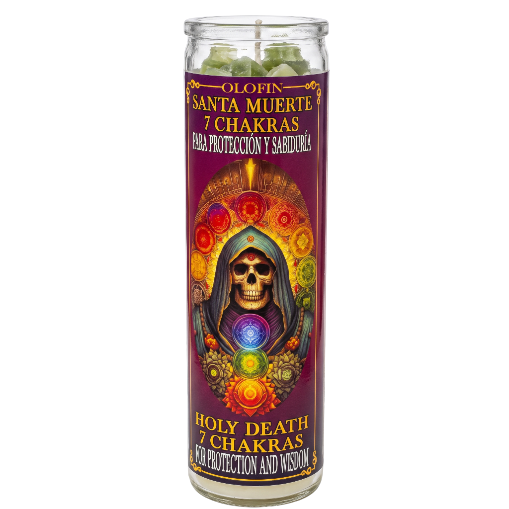 A tall glass jar candle labeled 'Olofin Santa Muerte 7 Chakras' with a colorful illustrated skull and chakra design on a dark red label, shown against a plain white background.