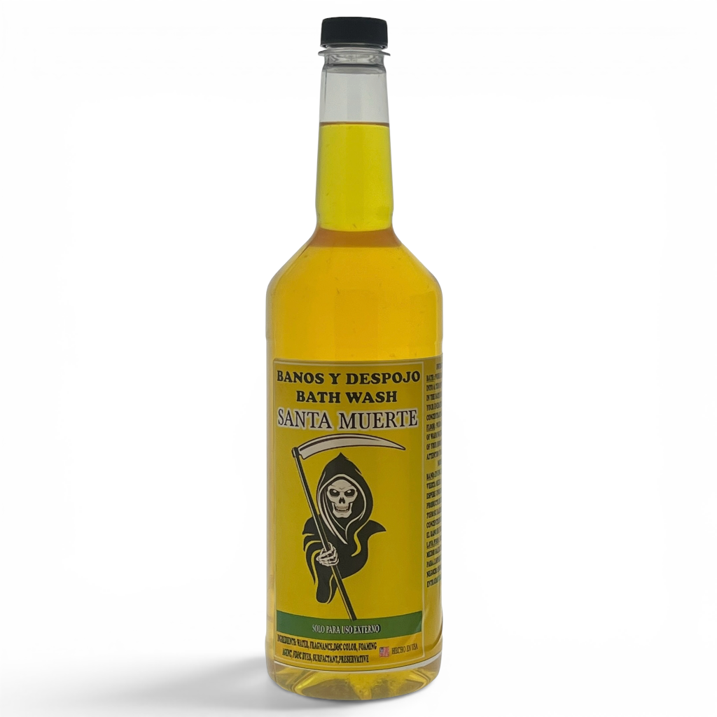 A bottle of Santa Muerte Bath Wash with a black cap, filled with yellow liquid, featuring a label with a grim reaper illustration on a white background.