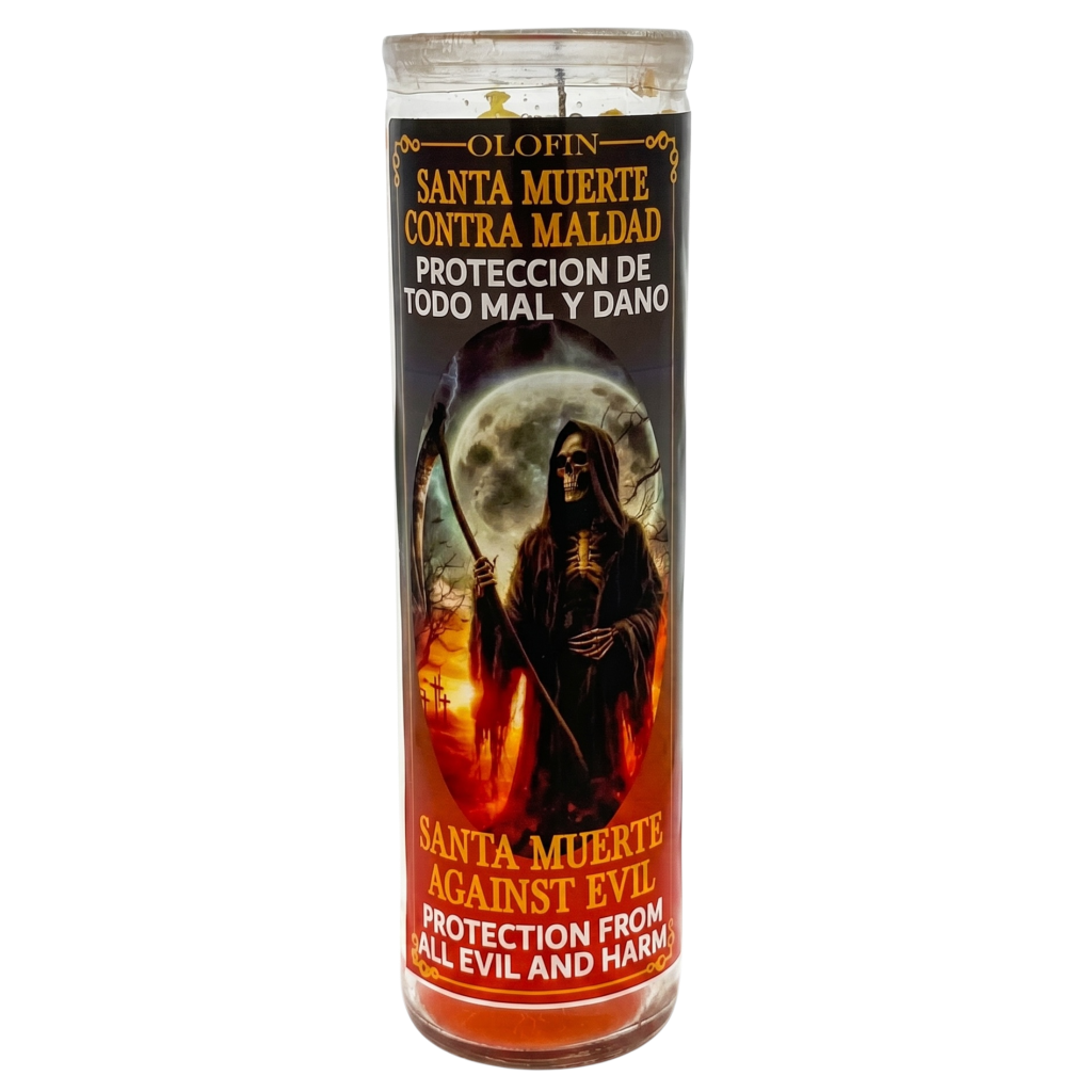 A tall glass jar candle with a Santa Muerte graphic label, featuring Spanish and English text reading 'Santa Muerte Contra Maldad' and 'Santa Muerte Against Evil' on a white background.