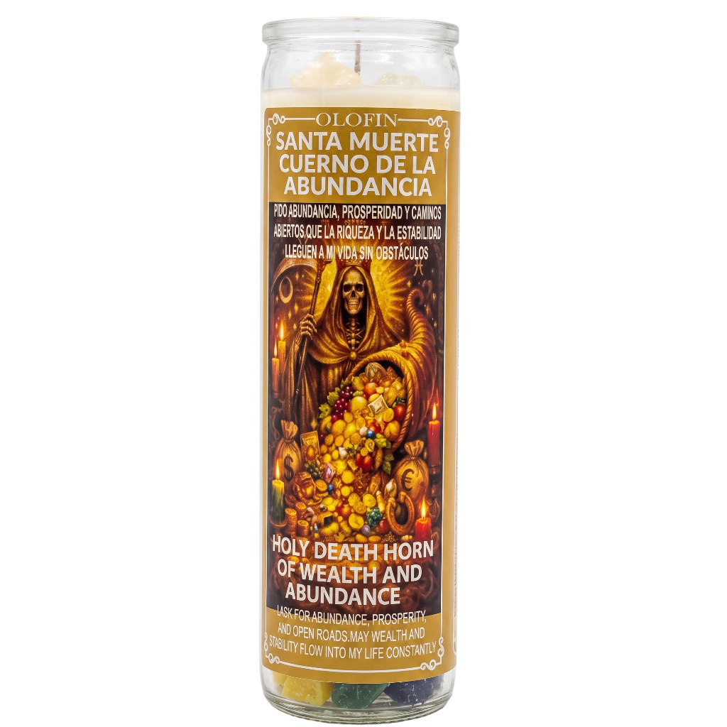 A tall glass jar candle with a clear lid and a detailed label featuring Santa Muerte holding a horn of wealth, with Spanish and English text reading 'Holy Death Horn of Wealth and Abundance.'.