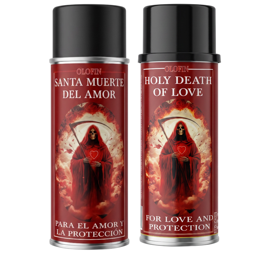 Two aerosol spray cans with black caps and red labels featuring a grim reaper illustration and Spanish/English text reading 'Santa Muerte del Amor' and 'Holy Death of Love' on a white background.