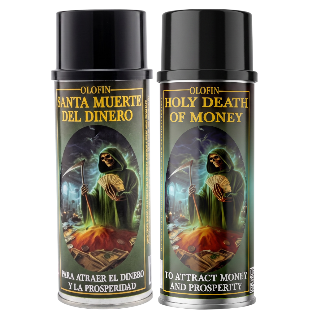 Two black spray cans of Olofin Santa Muerte Del Dinero / Holy Death of Money perfume shown side by side on a white background.