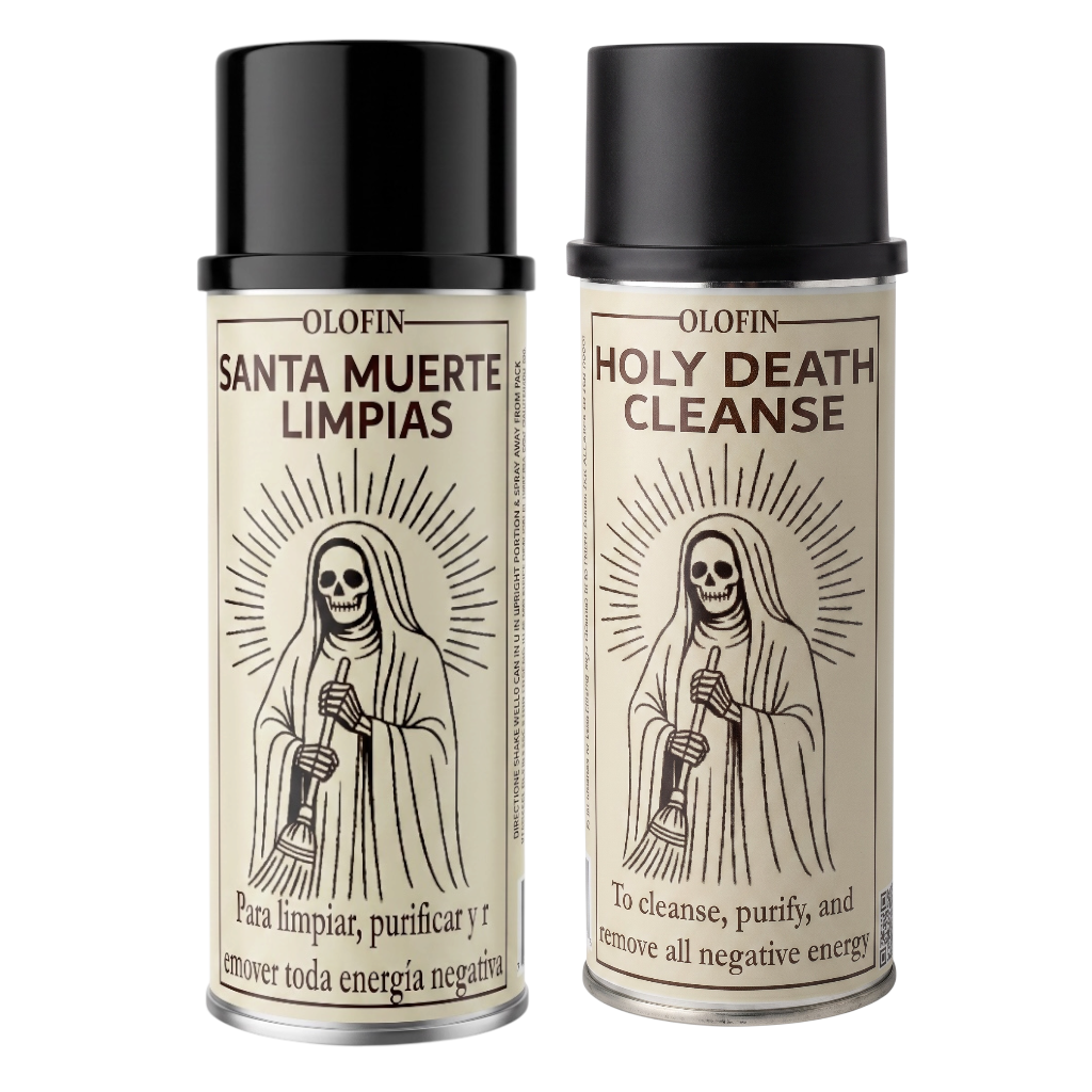 Two Olofin spray cans labeled 'Santa Muerte Limpias' and 'Holy Death Cleanse' with black caps and cream labels featuring a grim reaper illustration, on a white background.