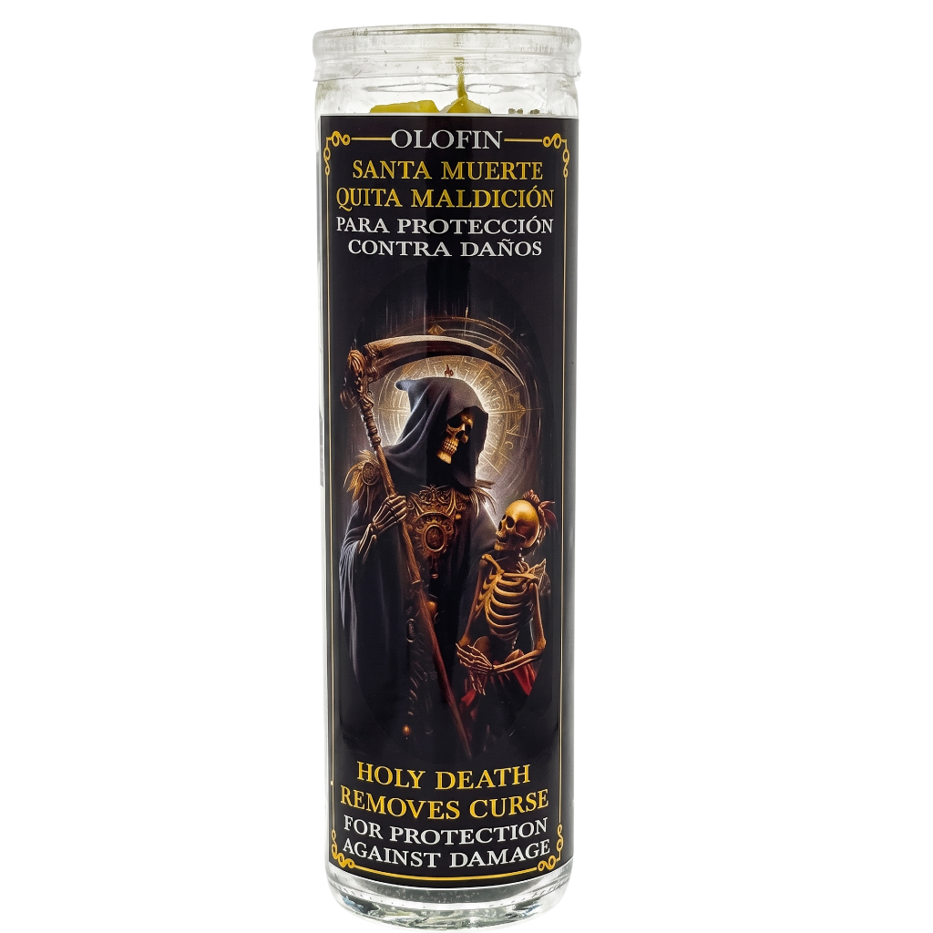 A tall glass prayer candle with a black label featuring an illustration of a hooded grim reaper holding a scythe next to a small skeleton. The label has gold and white text reading 'Olofin Santa Muerte Quitar Maldición' and 'Holy Death Removes Curse for Protection Against Damage'.