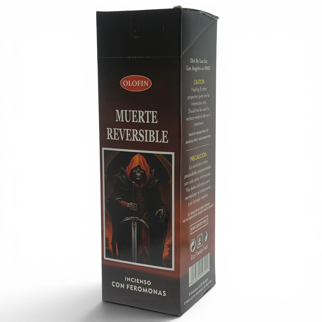 Olofin Muerte Reversible incense with pheromones in a tall black cardboard box with Spanish text and a dark hooded figure graphic on the front, photographed on a white background.