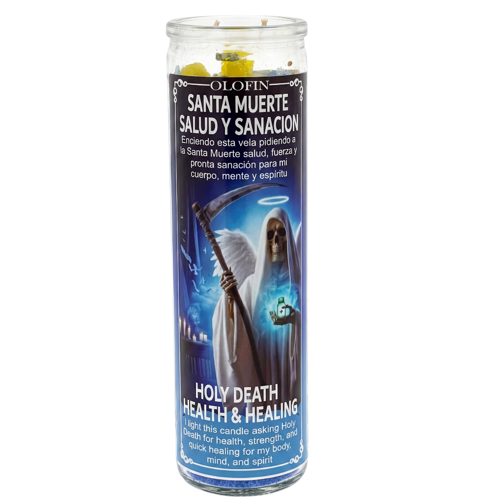 A tall glass jar candle labeled 'Olofin Santa Muerte Salud Y Sanacion' with a printed illustration of Santa Muerte holding a scythe, on a plain white background.