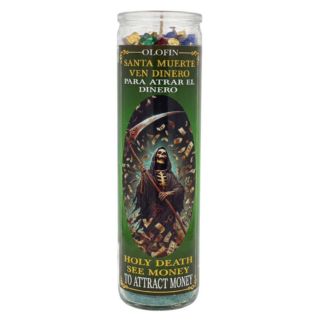 A tall glass prayer candle with a green label featuring an illustration of the Grim Reaper holding a scythe, surrounded by gold coins. The label has Spanish text at the top and English text at the bottom reading 'Holy Death See Money' and 'To Attract Money.