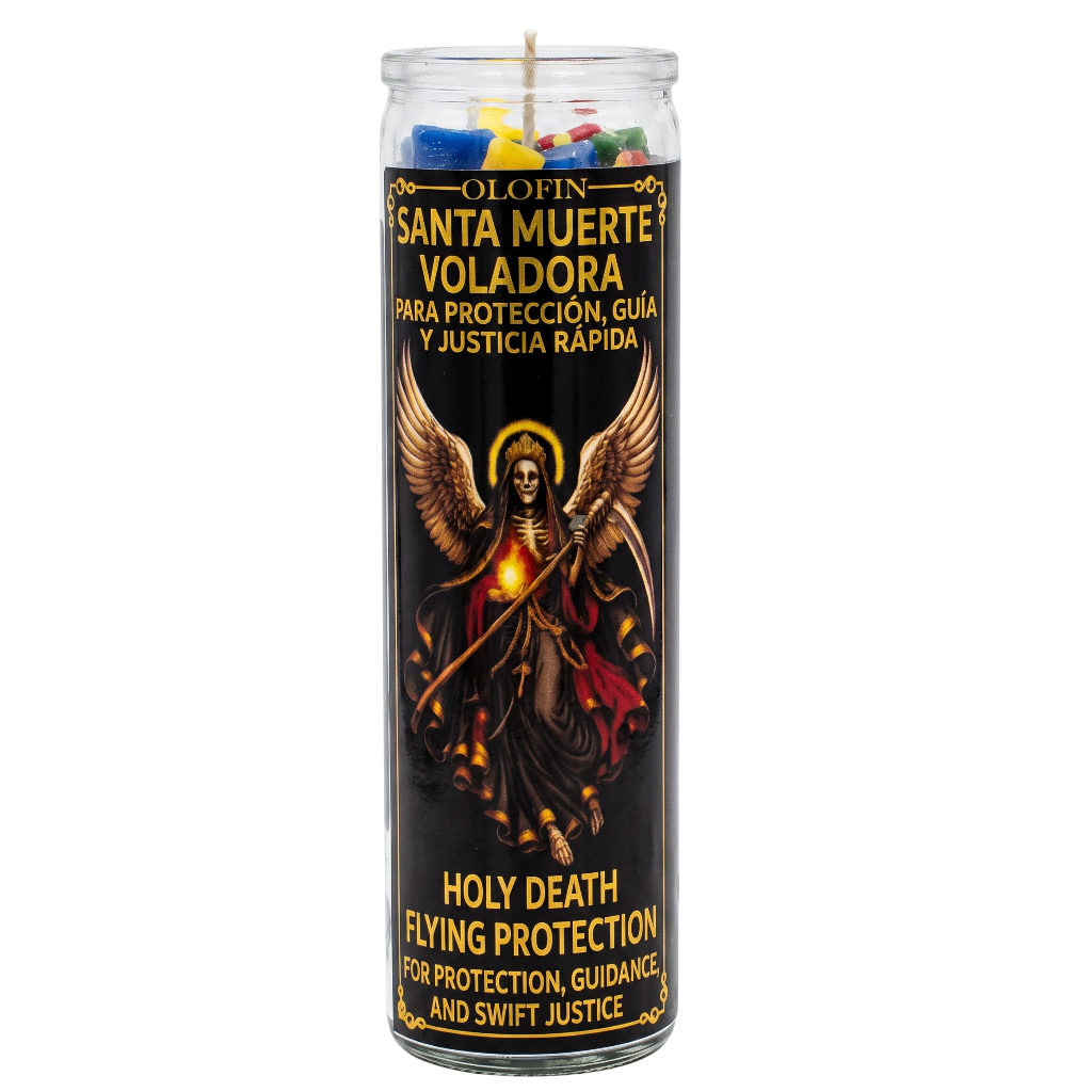 A tall glass jar candle with a black label featuring an angel illustration and Spanish text reading 'Santa Muerte Voladora' and 'Holy Death Flying Protection.' The candle is shown upright on a plain white background.