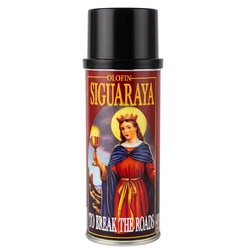 A can of Olofin Siguaraya spray paint on a plain white background. The can has a black cap and a label featuring a religious illustration of a crowned woman in a red and blue robe holding a torch, with yellow text reading 'OLOFIN SIGUARAYA' and 'TO BREAK THE ROADS'.