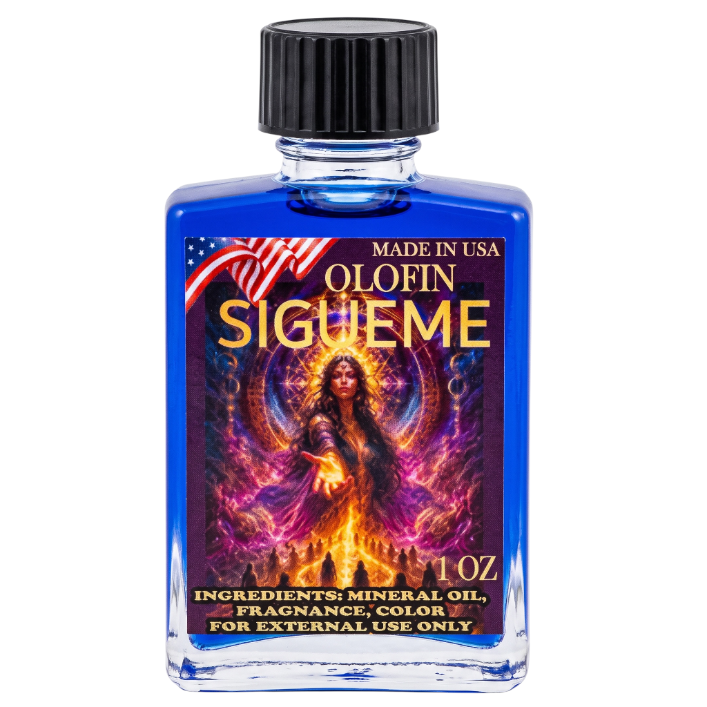 A 1 oz glass bottle of Olofin Sigueme fragrance oil with a black cap, featuring a colorful label with a fantasy illustration and an American flag graphic, isolated on a white background.