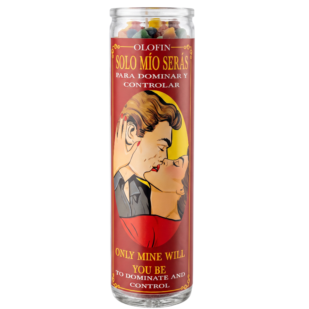 A tall glass jar candle with a red label featuring a retro-style illustration of a couple and Spanish text reading 'OLOFIN SOLO MÍO SERÁS PARA DOMINAR Y CONTROLAR', with English text near the bottom, shown on a plain white background.