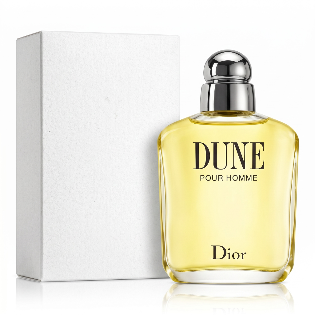 Dior Dune Pour Homme perfume bottle with silver cap on a white background