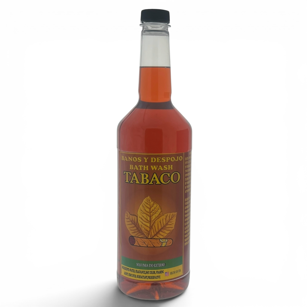 A bottle of bath wash with a black cap and a brown label featuring the brand name TABACO and a leaf graphic, filled with an amber liquid, on a white background.