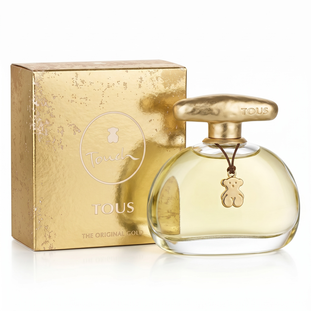 Tous perfume bottle with gold cap and packaging on a white background