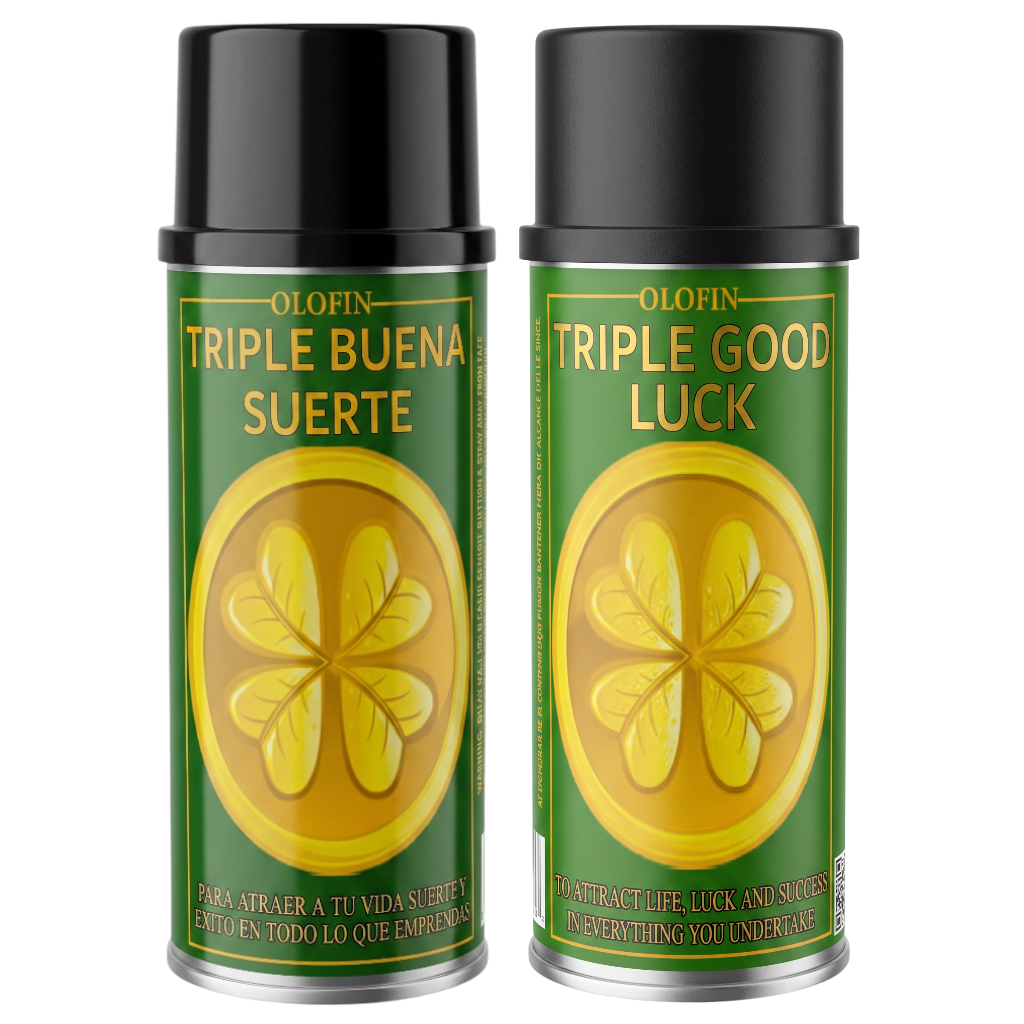 Two black spray cans of Olofin Triple Buena Suerte / Triple Good Luck with green labels featuring a yellow four-leaf clover design, set against a plain white background.