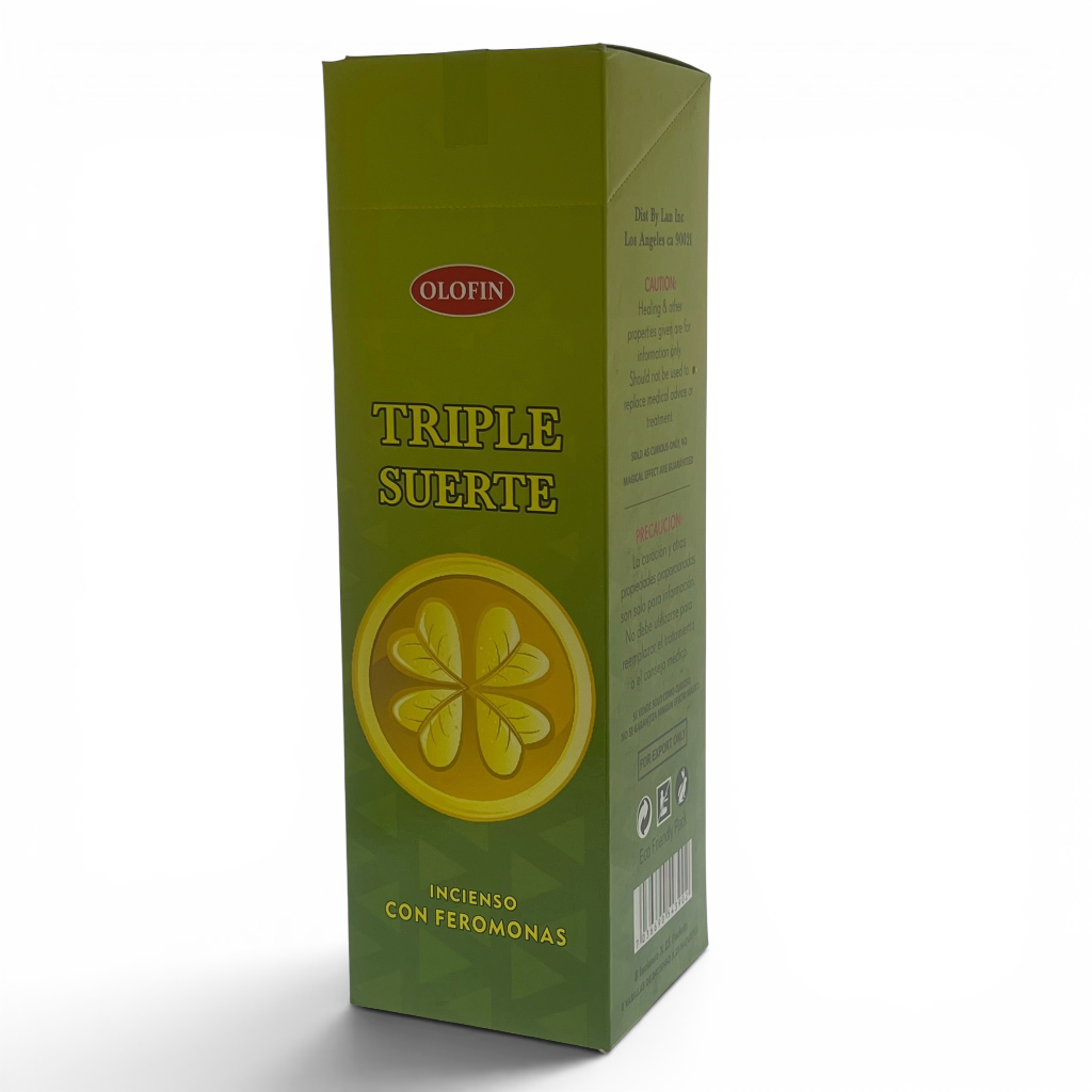 A tall green box of Olofin Triple Suerte incense with a yellow four-leaf clover graphic on the front, shown on a white background.