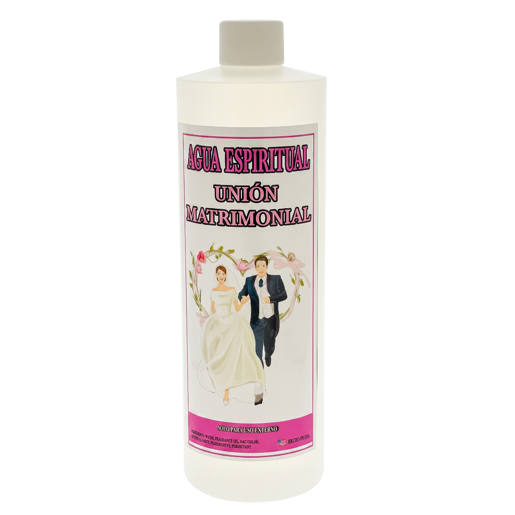 A white plastic bottle of 'Agua Espiritual Union Matrimonial' with a white cap and a pink and white label featuring an illustration of a bride and groom.