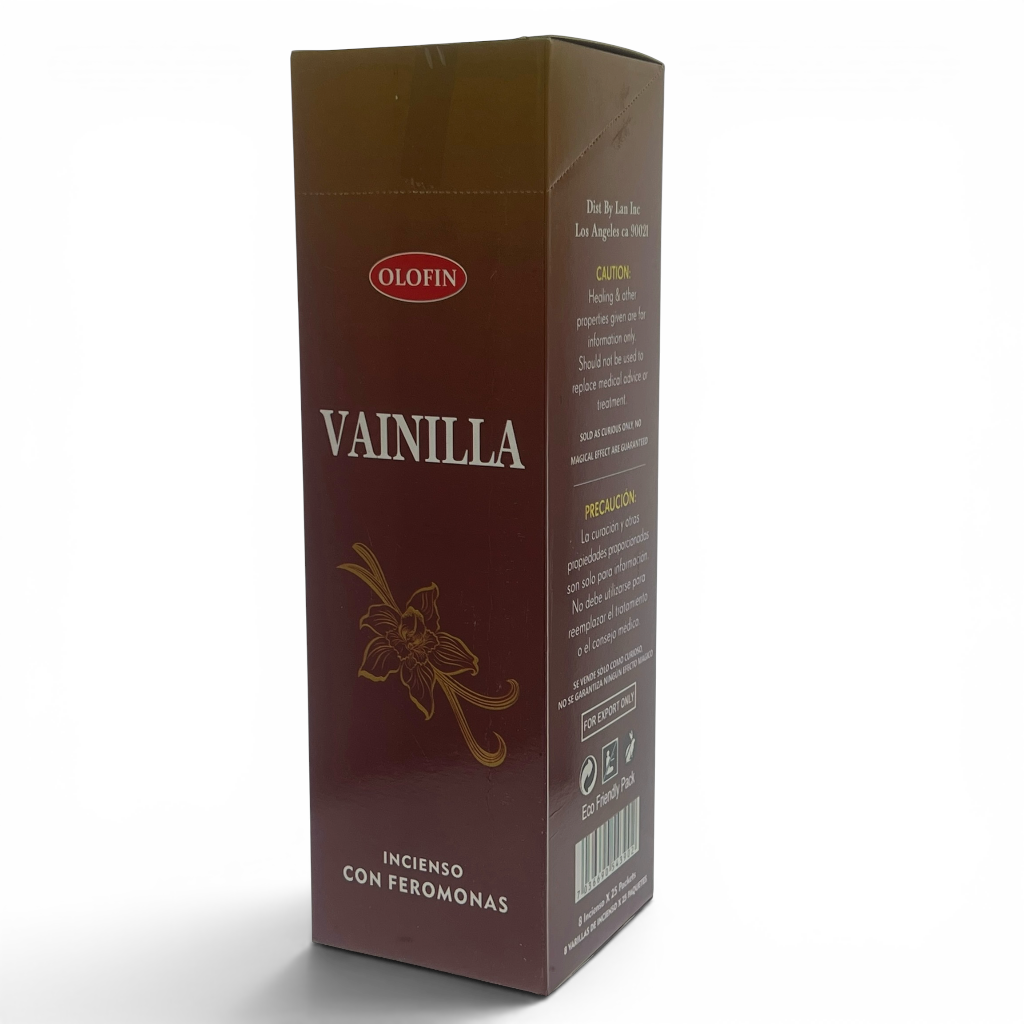 A tall rectangular Olofin Vainilla incense box in dark brown and burgundy with white and gold text, shown on a light gray background.