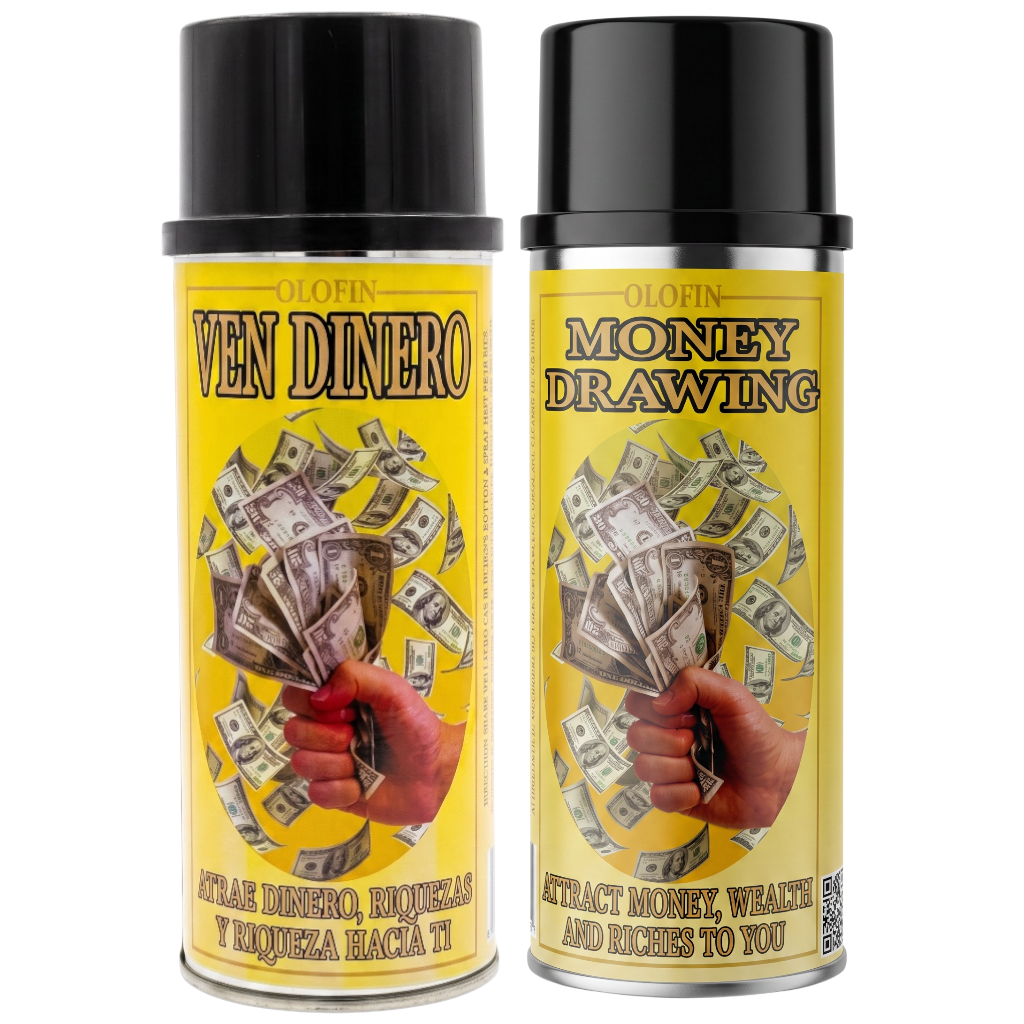 Two yellow spray cans with black caps labeled 'Olofin Ven Dinero' and 'Olofin Money Drawing', featuring an illustration of cash and a hand on a white background.