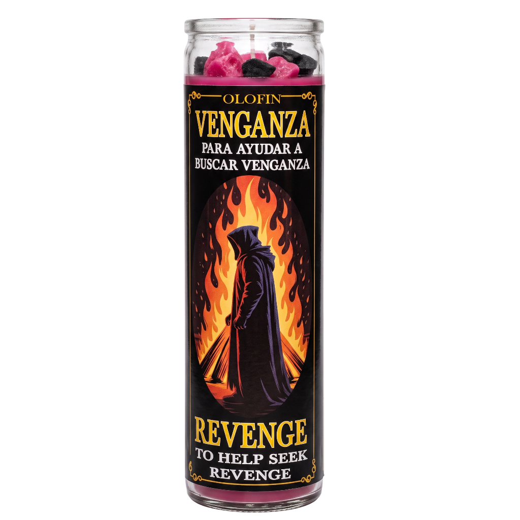 A tall glass jar candle labeled 'Olofin Venganza' with a black label featuring a hooded figure in front of flames and the words 'Revenge' in gold and white text. The top of the jar shows pink and black wax pieces visible through the clear glass, set against a plain white background.