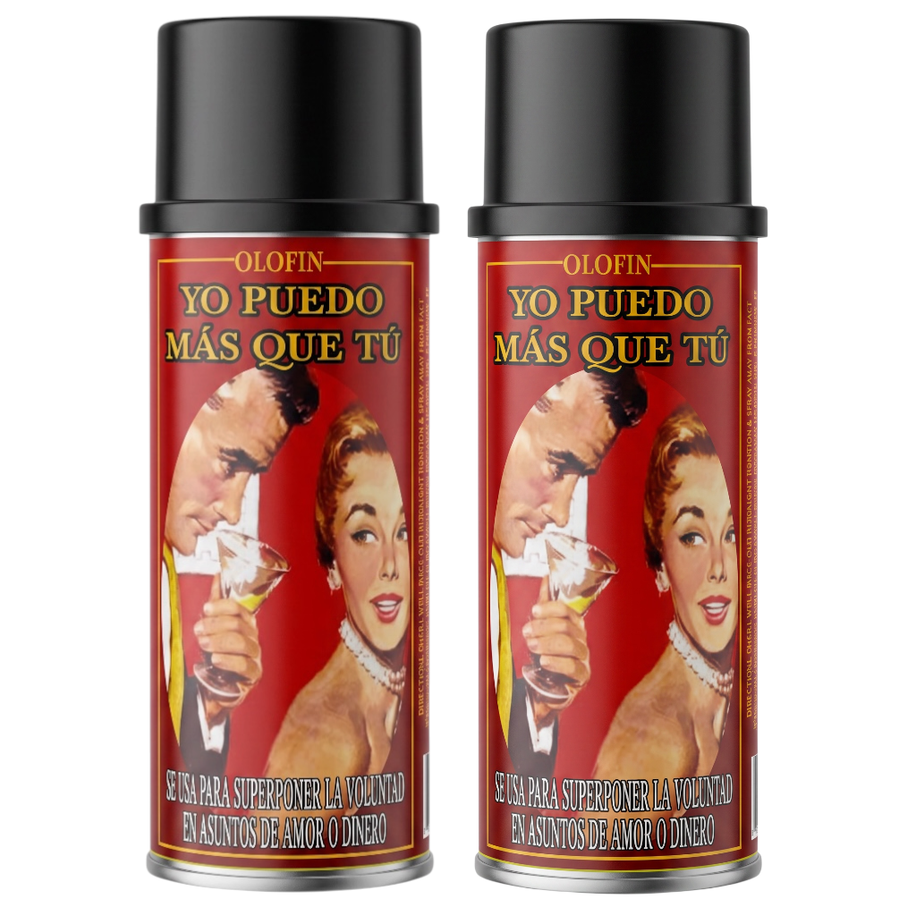 Two Olofin spray perfume cans side by side on a plain white background. The cans have black caps and red labels featuring a retro illustration of a couple and Spanish text reading 'YO PUEDO MÁS QUE TÚ'.