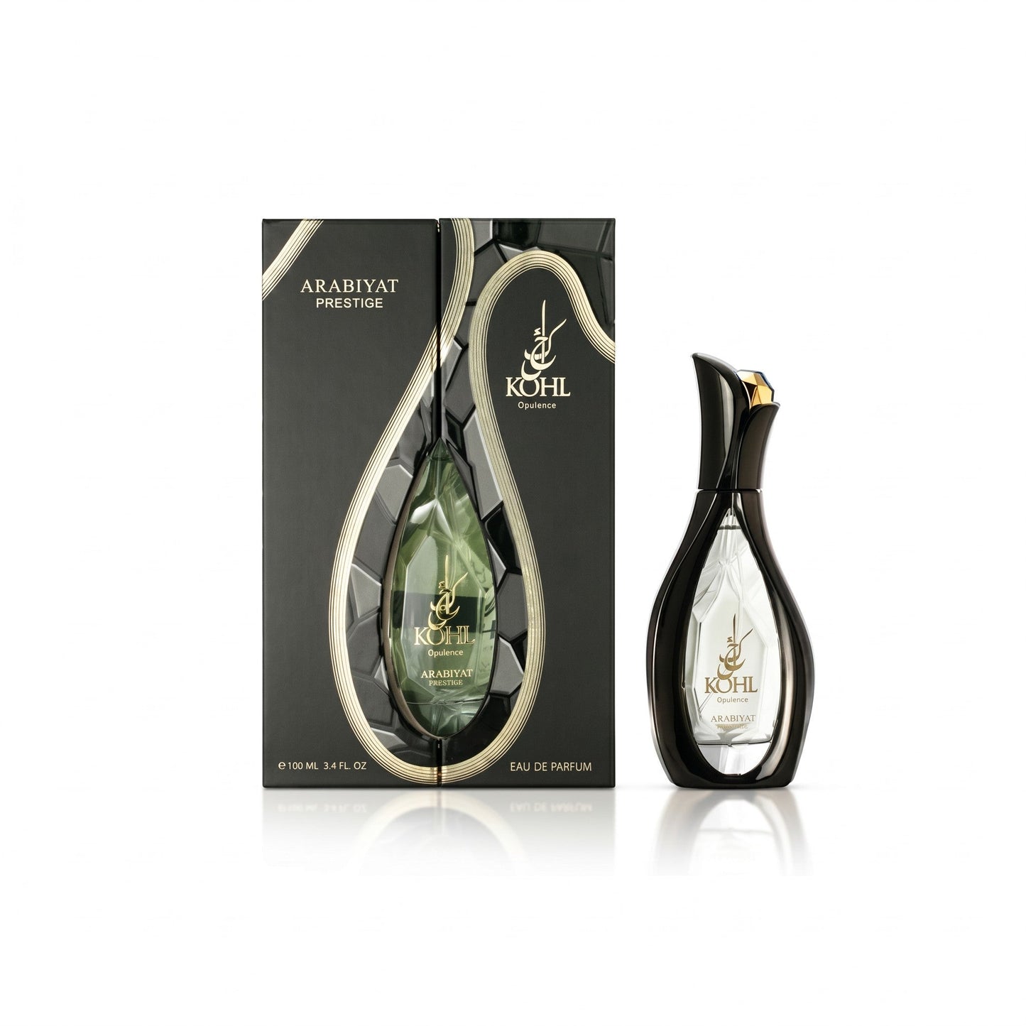 Dubai Perfume LA Arabiyat Prestige Kohl Opulenc eau de parfum bottle and black decorative gift box